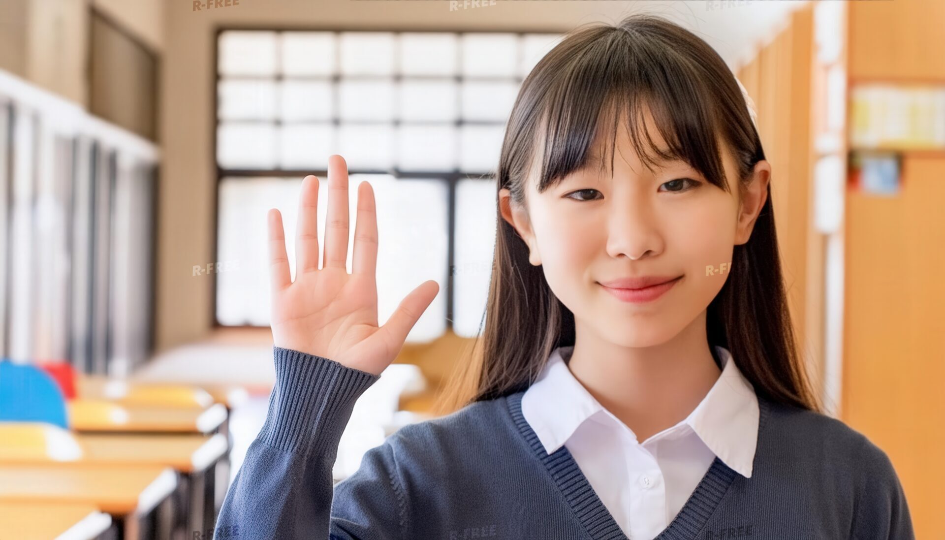 前方を見つめて挙手する長い黒髪の笑顔の学生