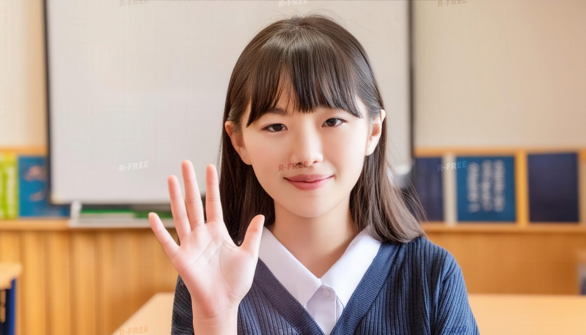 ホワイトボードを背景に挙手するカーディガンの笑顔の学生