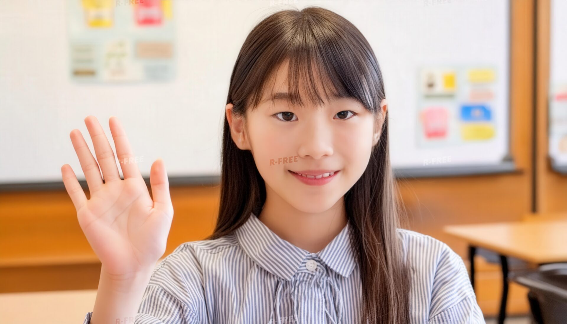 ストライプシャツで挙手する長い黒髪の笑顔の学生