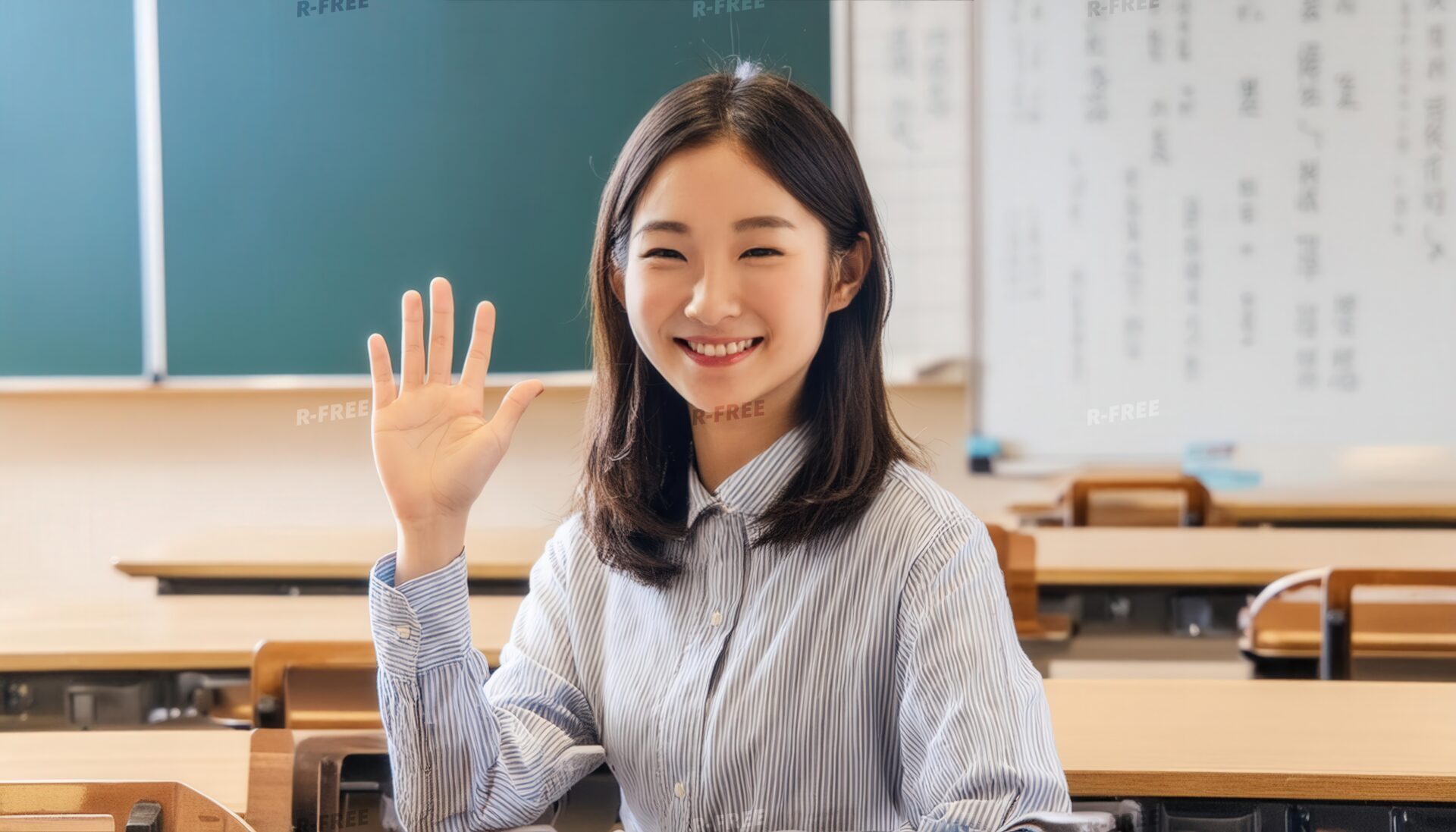 白ストライプシャツで挙手する肩までの髪の笑顔の学生