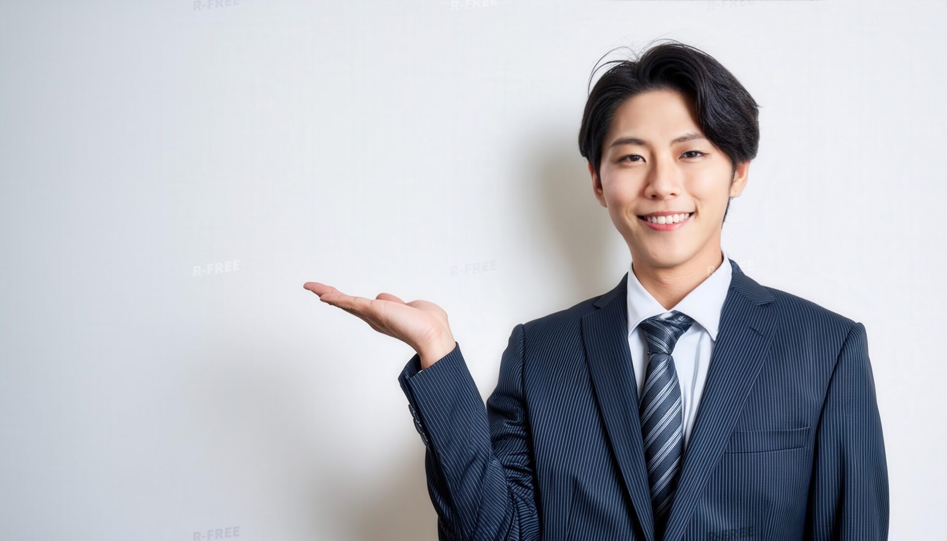白背景で片手を上げて案内するスーツ姿の人物