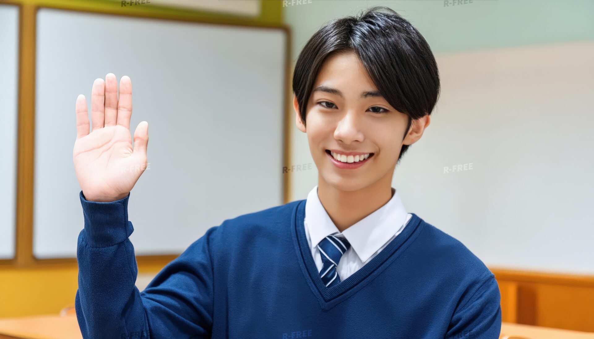 教室で片手を上げる学生