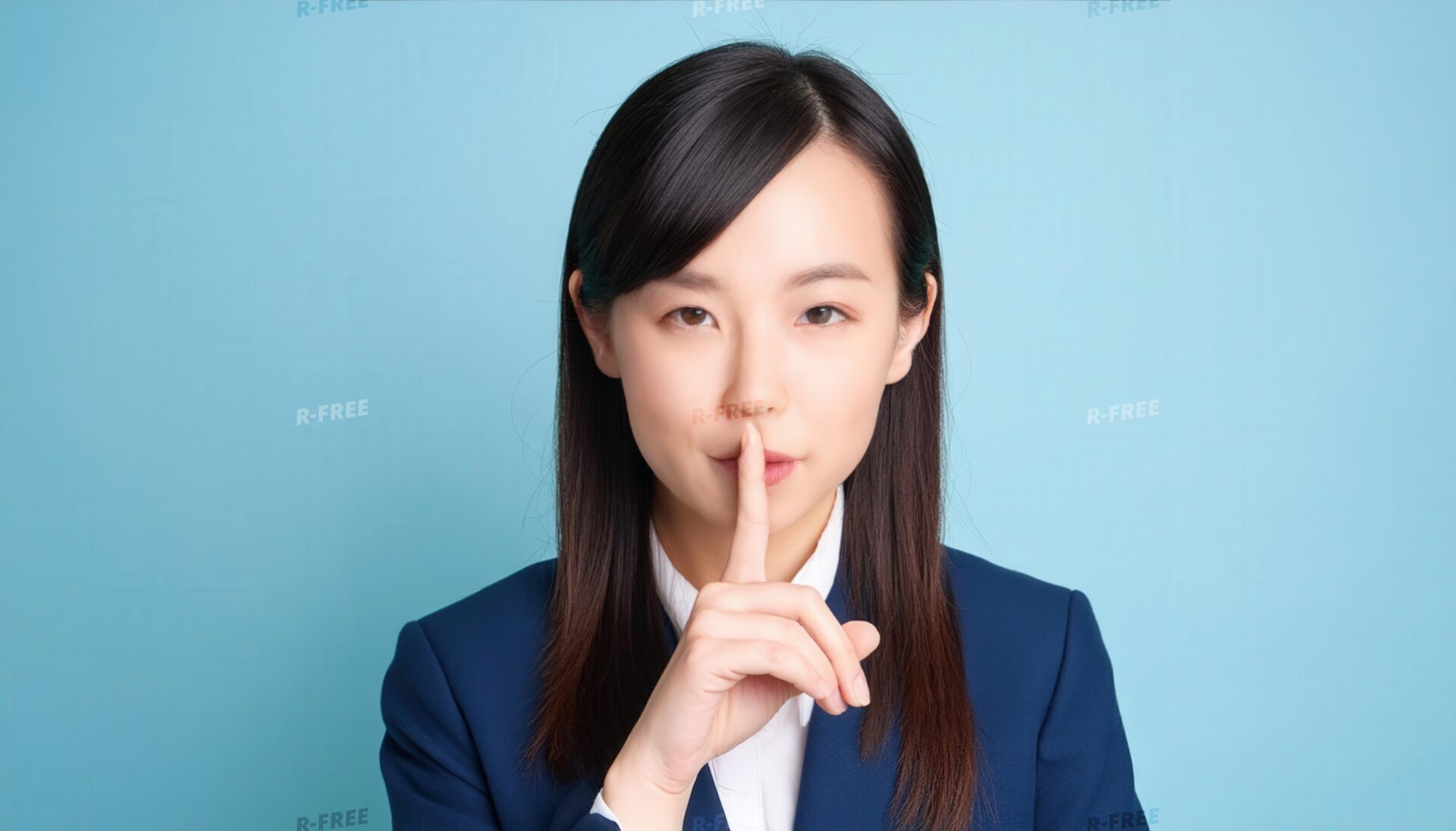 指を口に当て静かにと示すビジネスウーマン