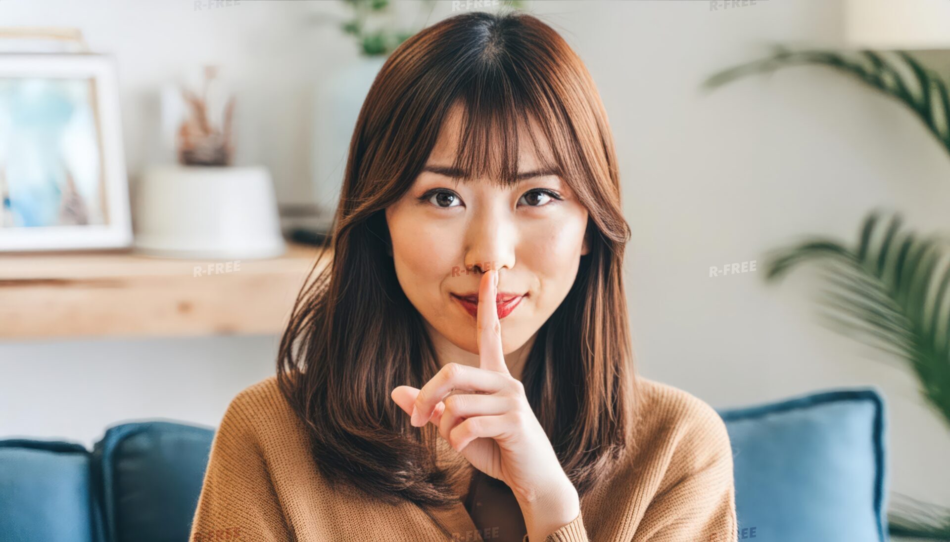 ソファで静かにのジェスチャーをする茶髪の女性