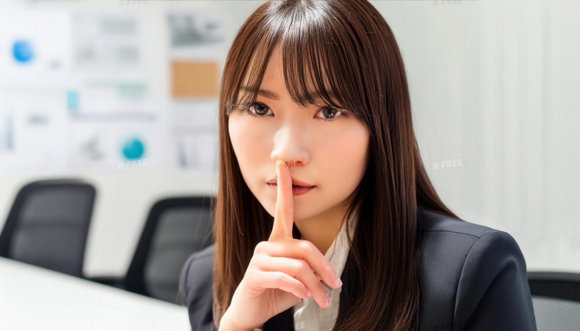 赤い照明の室内で静かにするジェスチャーの女性