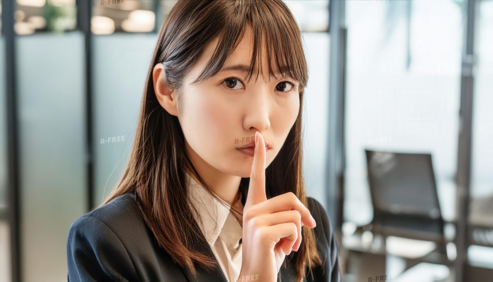 オフィス内で指を口に当てる女性社員
