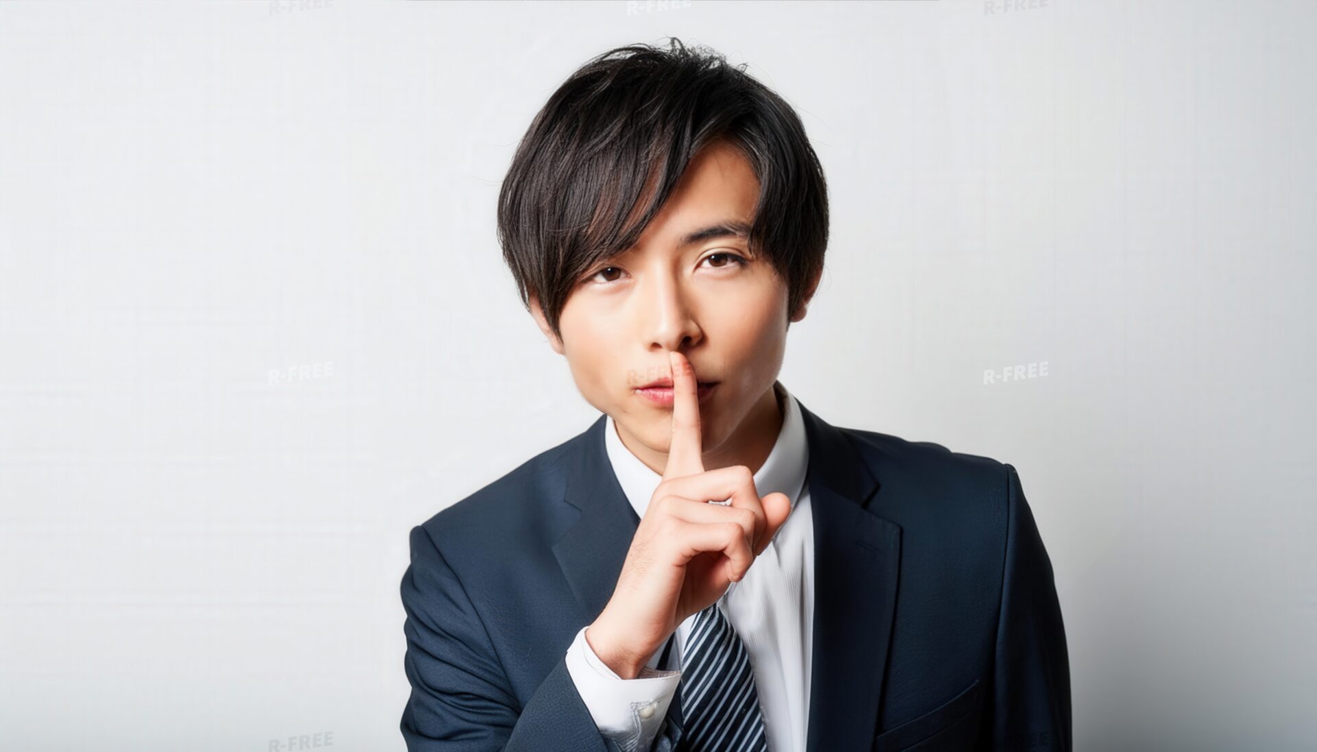 口元に指を当て黙るストライプネクタイの20代男性