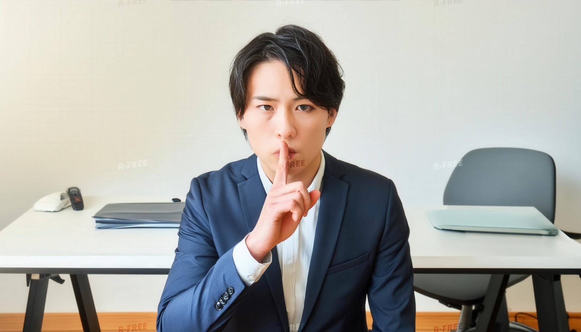 オフィスで静かにとジェスチャーするビジネスマン