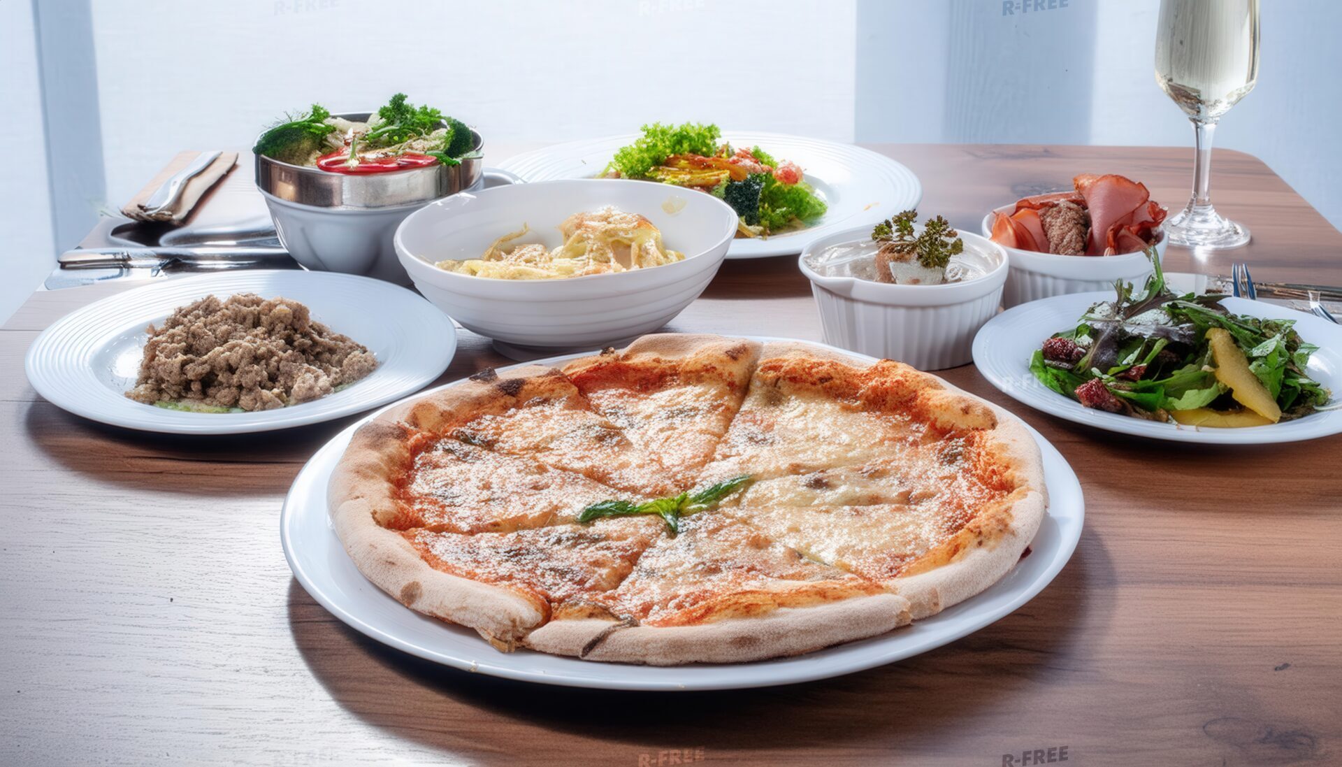 ピザと多彩な料理セット