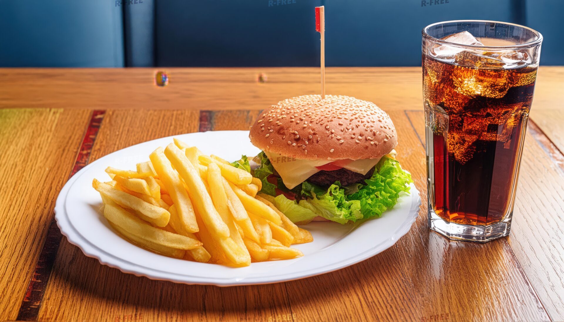 赤いピック付きチーズバーガーと氷入りコーラ