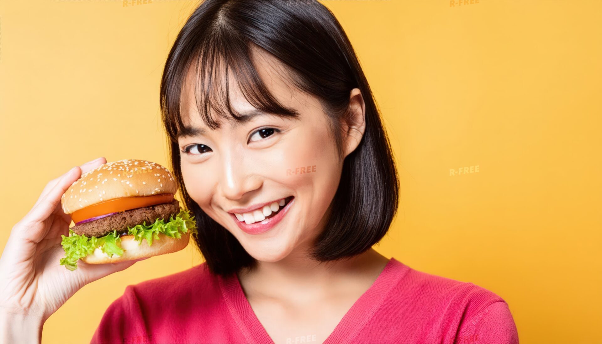 ハンバーガーを持つ女性