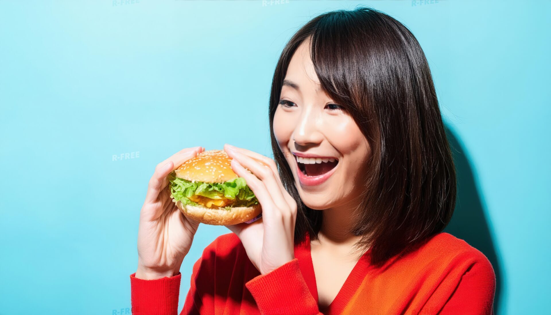 ハンバーガーを見つめる女性