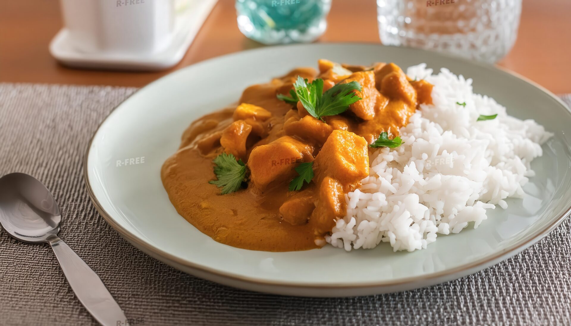 白皿に盛り付けた香草添えのカレーライスと白ごはん