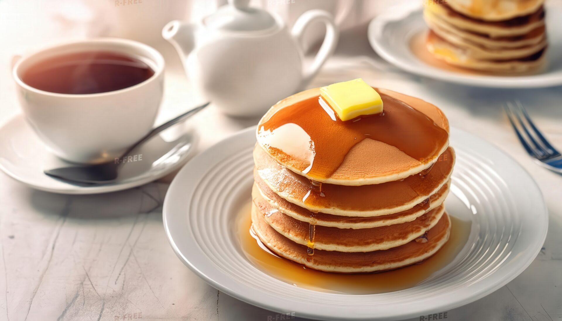 ティータイムのパンケーキと紅茶の白い食卓