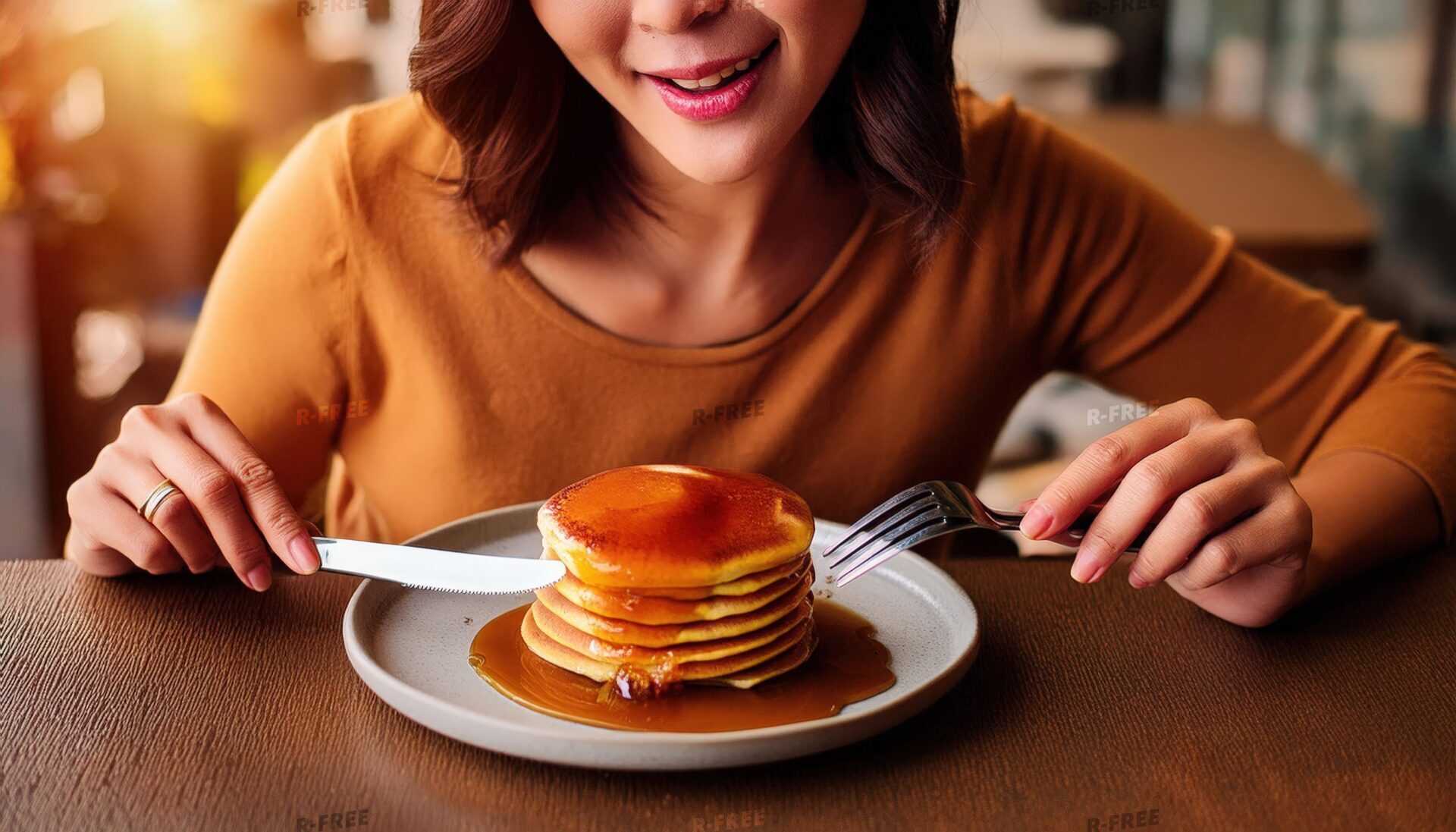 パンケーキを食べる女性