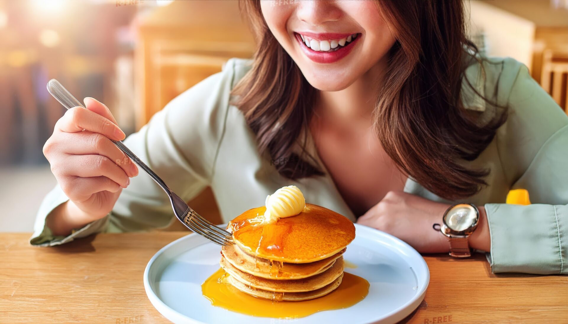 笑顔でパンケーキを食べる女性