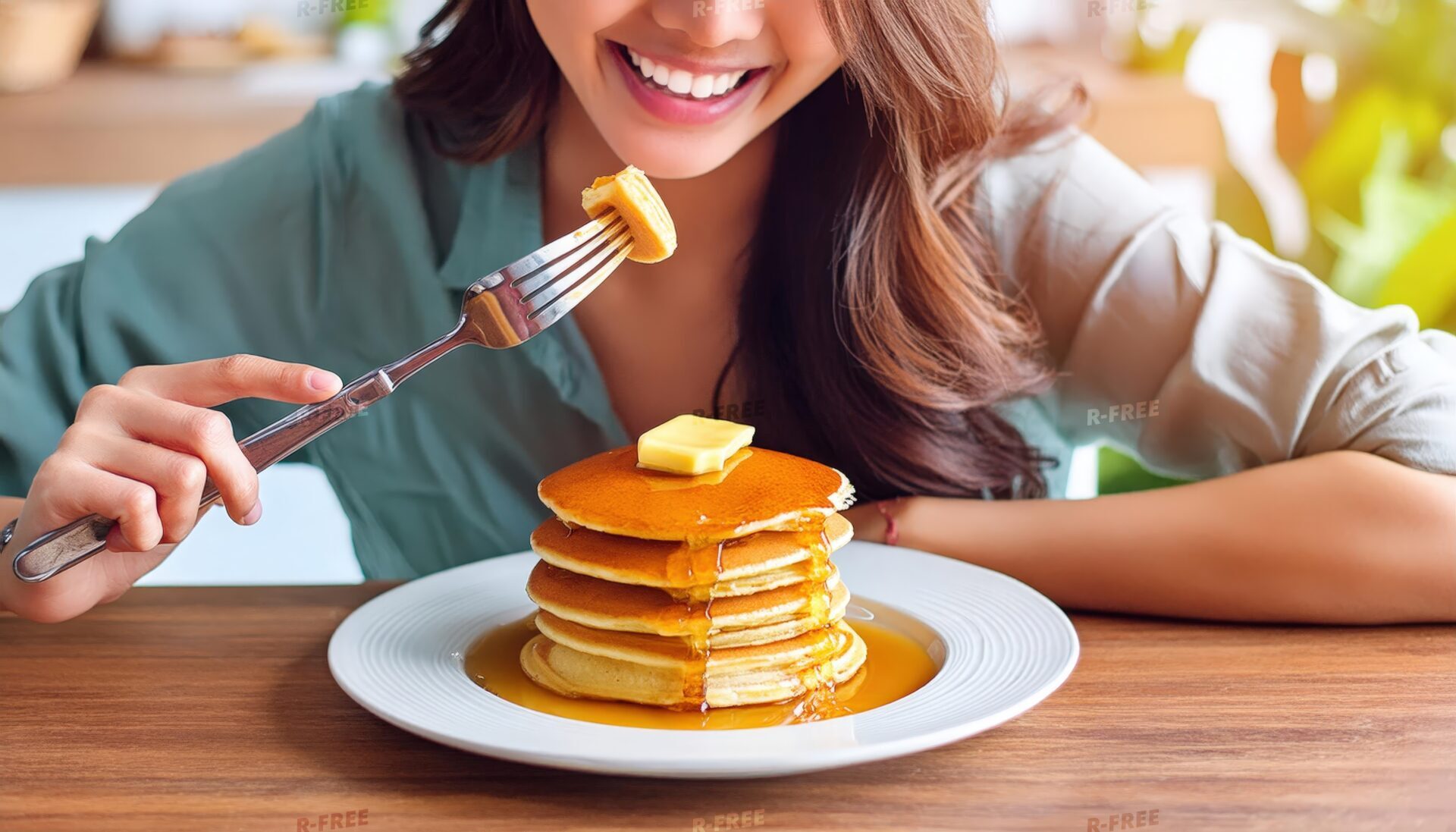 パンケーキをフォークで持つ女性