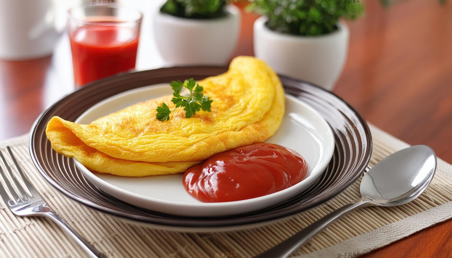 朝食のオムレツとケチャップ