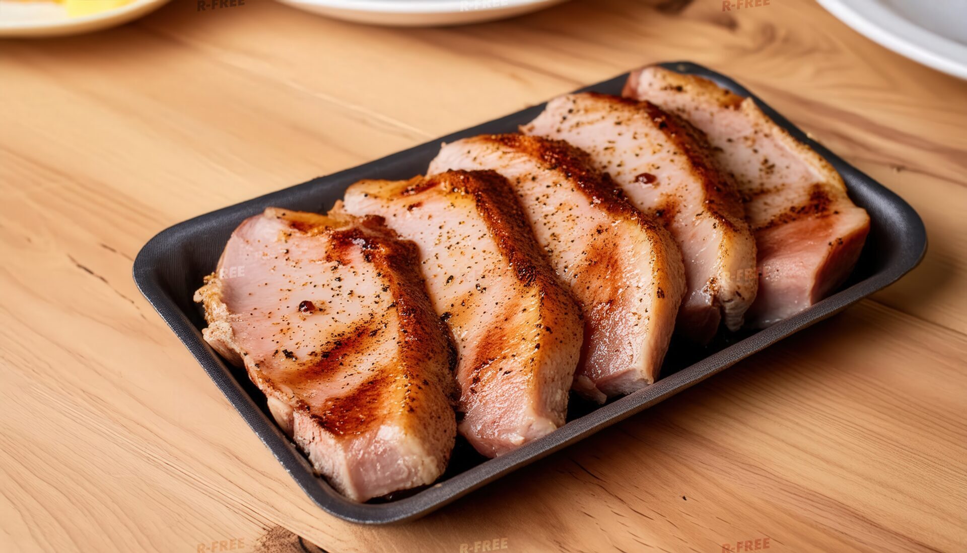 グリルポークを黒い長方形の器に重ねた洋食料理