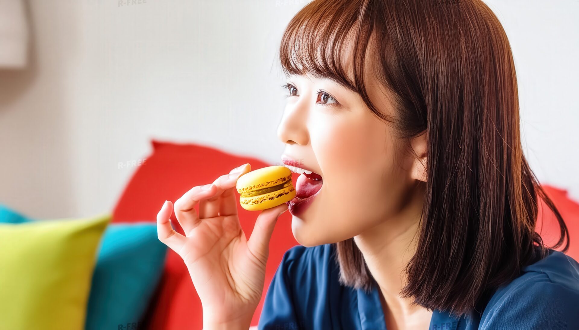ソファでマカロンを食べる女性