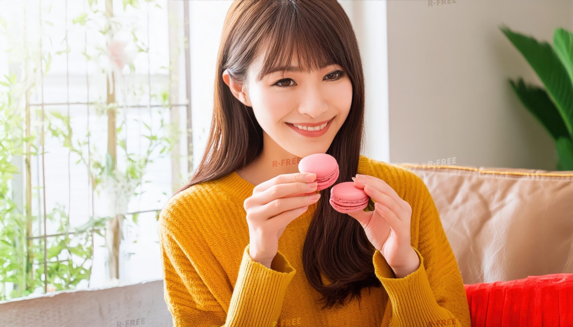 マカロンを両手に持つ女性