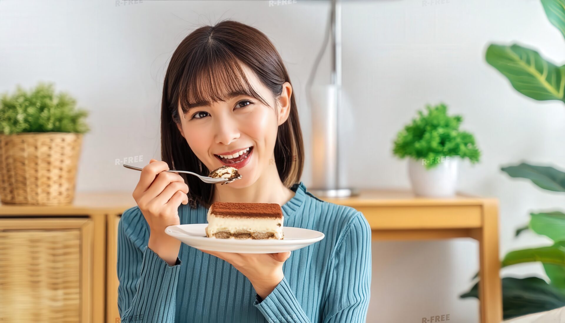 ティラミスを食べるカジュアルな女性