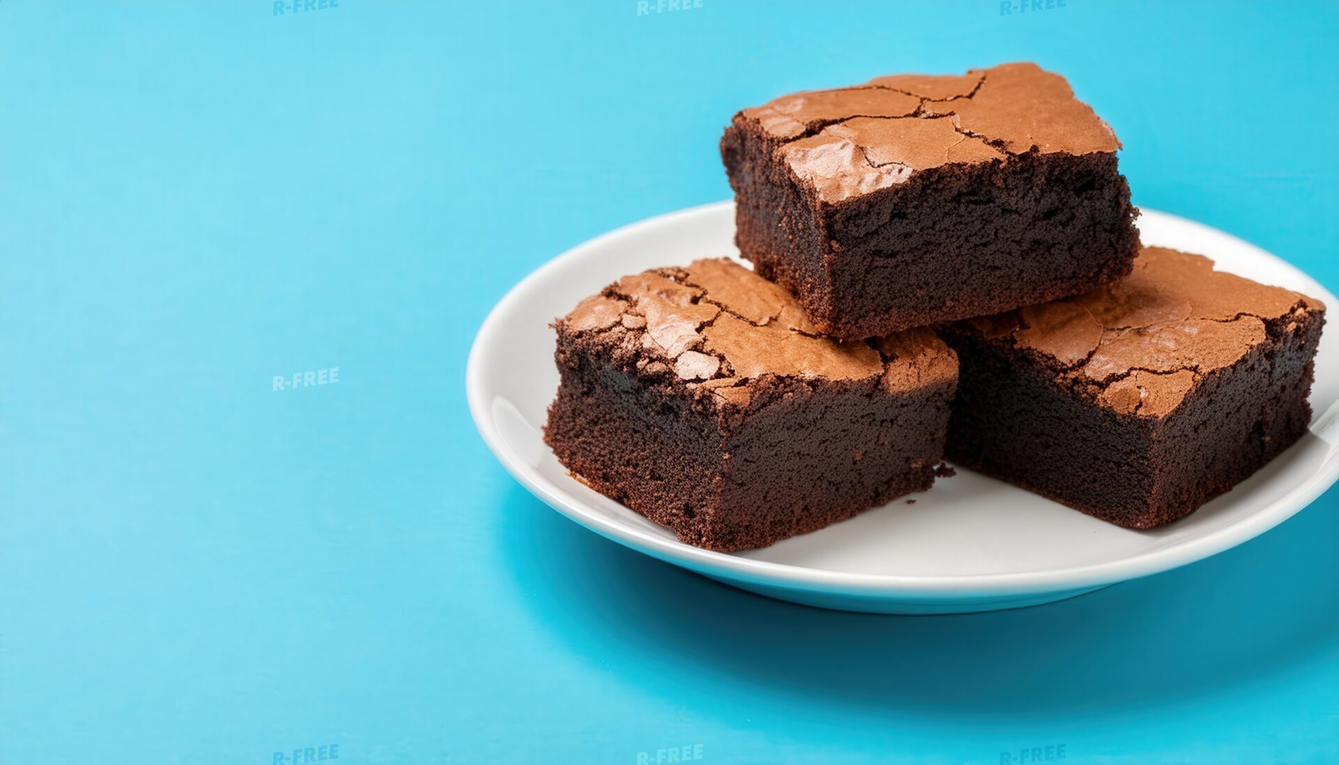 水色背景で白い皿に三段積みしたチョコレートブラウニー