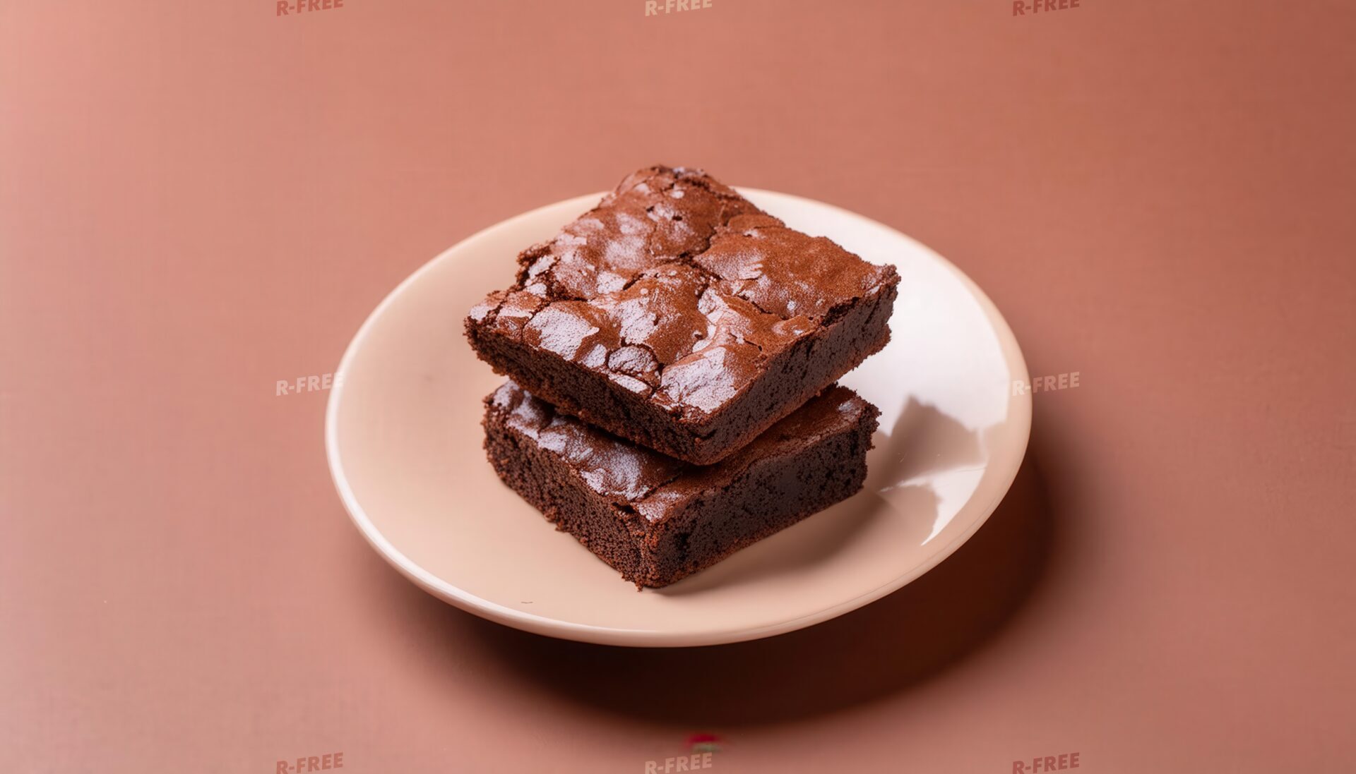ベージュの丸皿に重ねた光沢あるチョコレートブラウニー