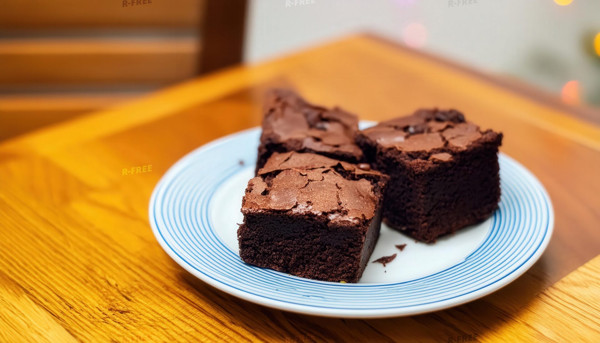 青い縁の白い皿に盛ったひび割れチョコレートブラウニーの盛り合わせ