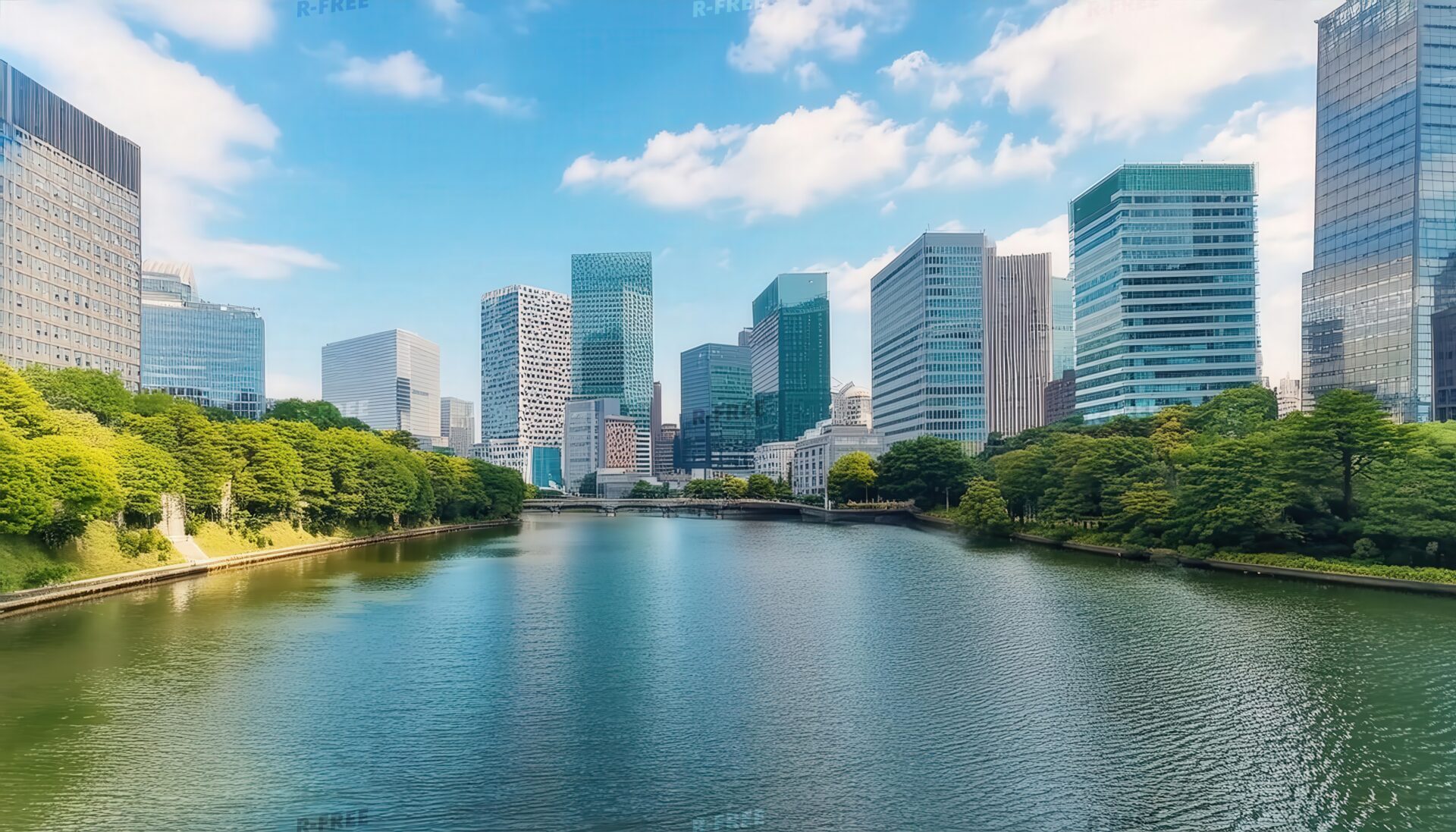 都市の川とビル群を中央から望む青空の風景