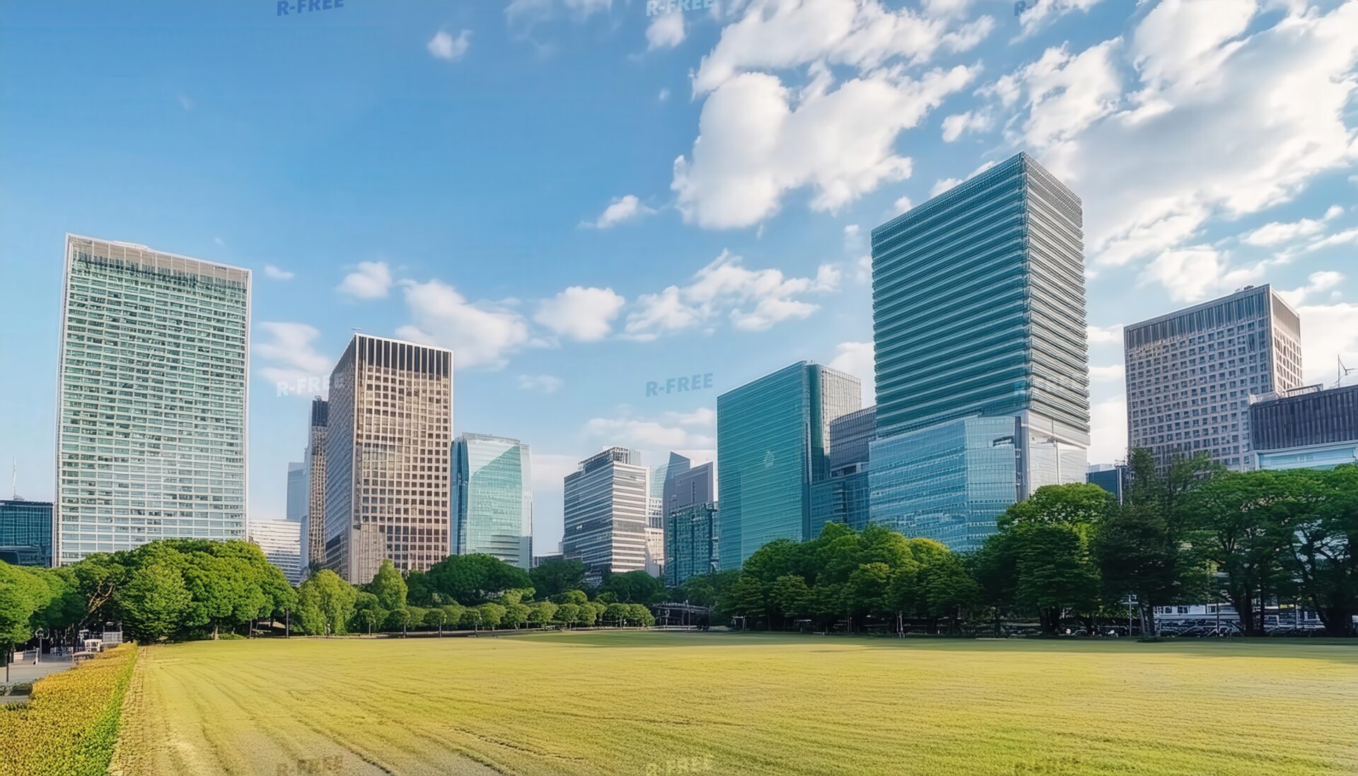 広場と都市の高層ビル