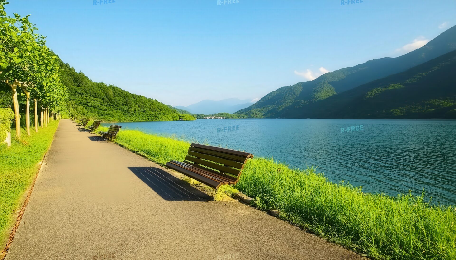 湖畔のベンチと並木道
