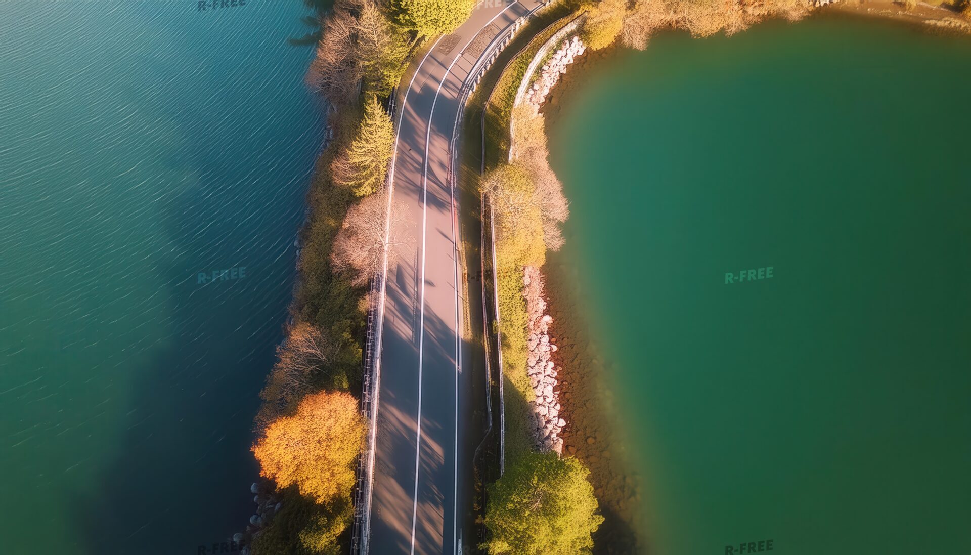 湖と道路の空撮