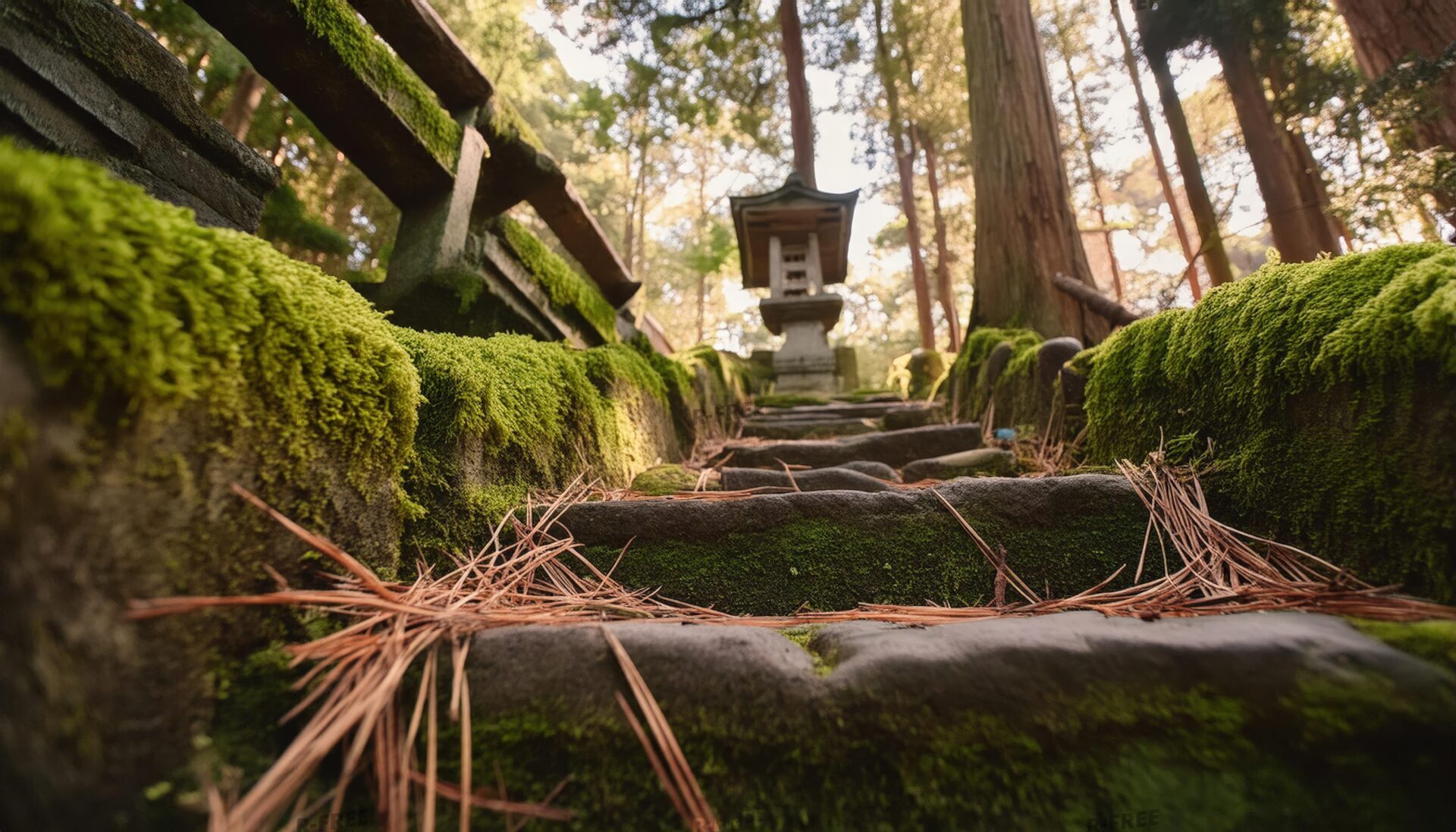 苔むした参道と灯籠