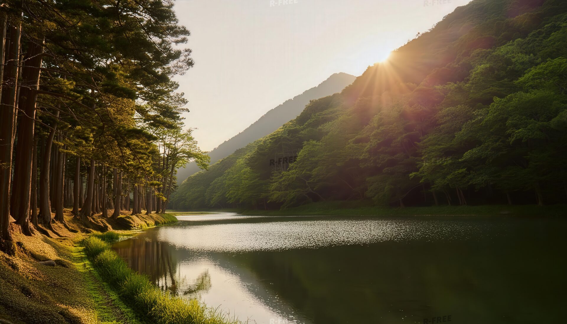 湖畔の朝日