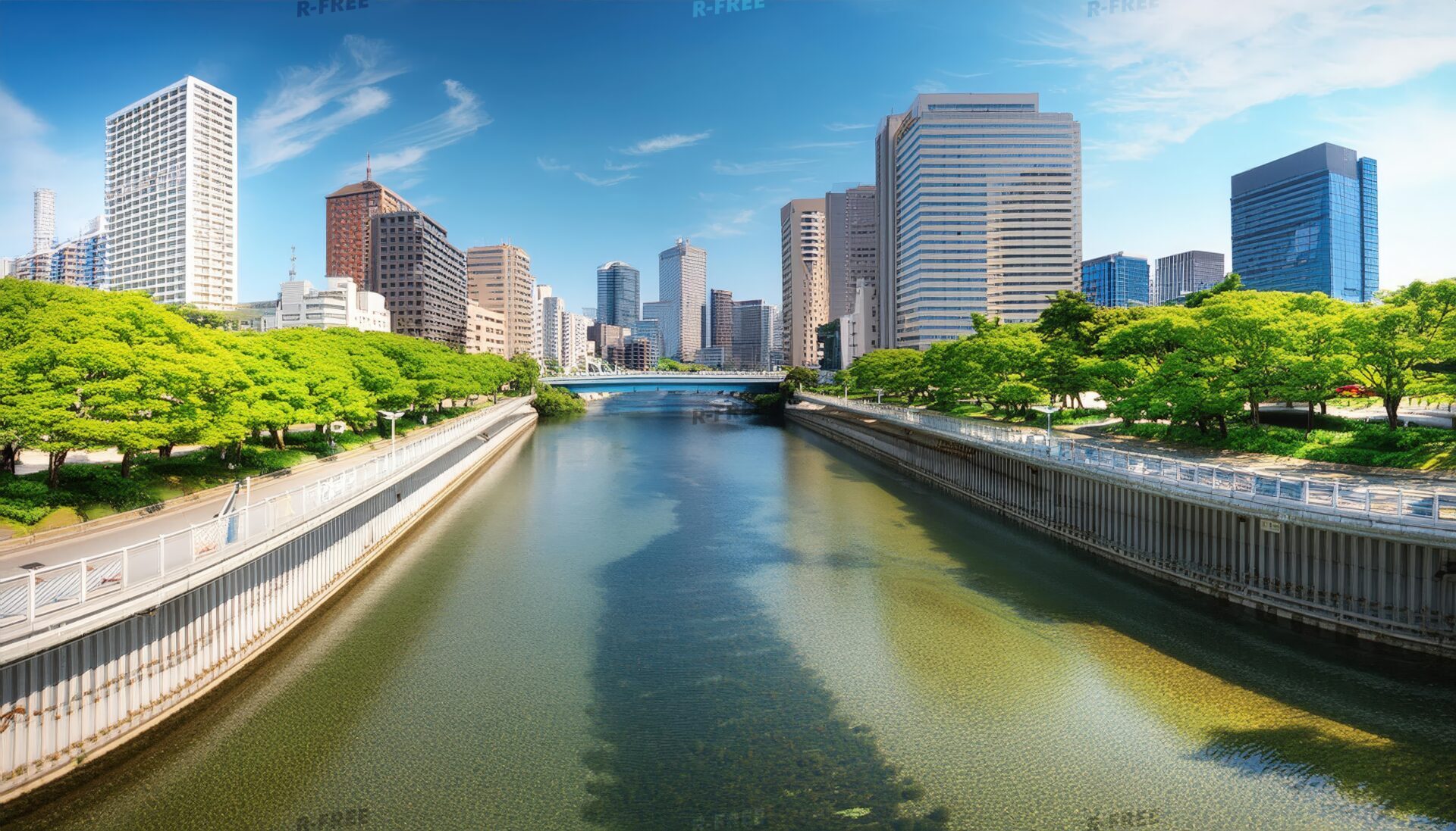 都市の川とビル群を橋上から望む晴れた昼景