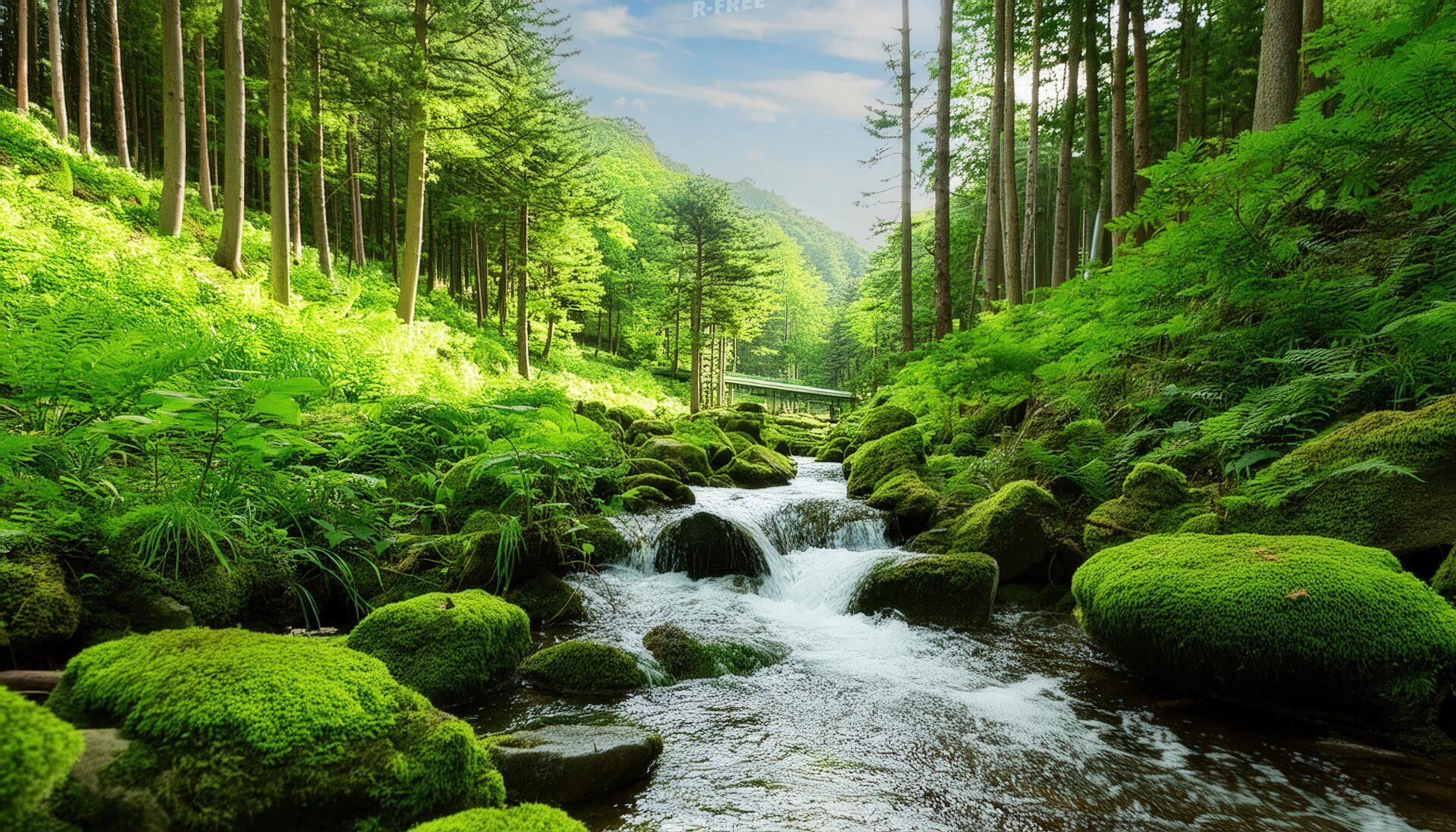 森の渓流と苔むす岩