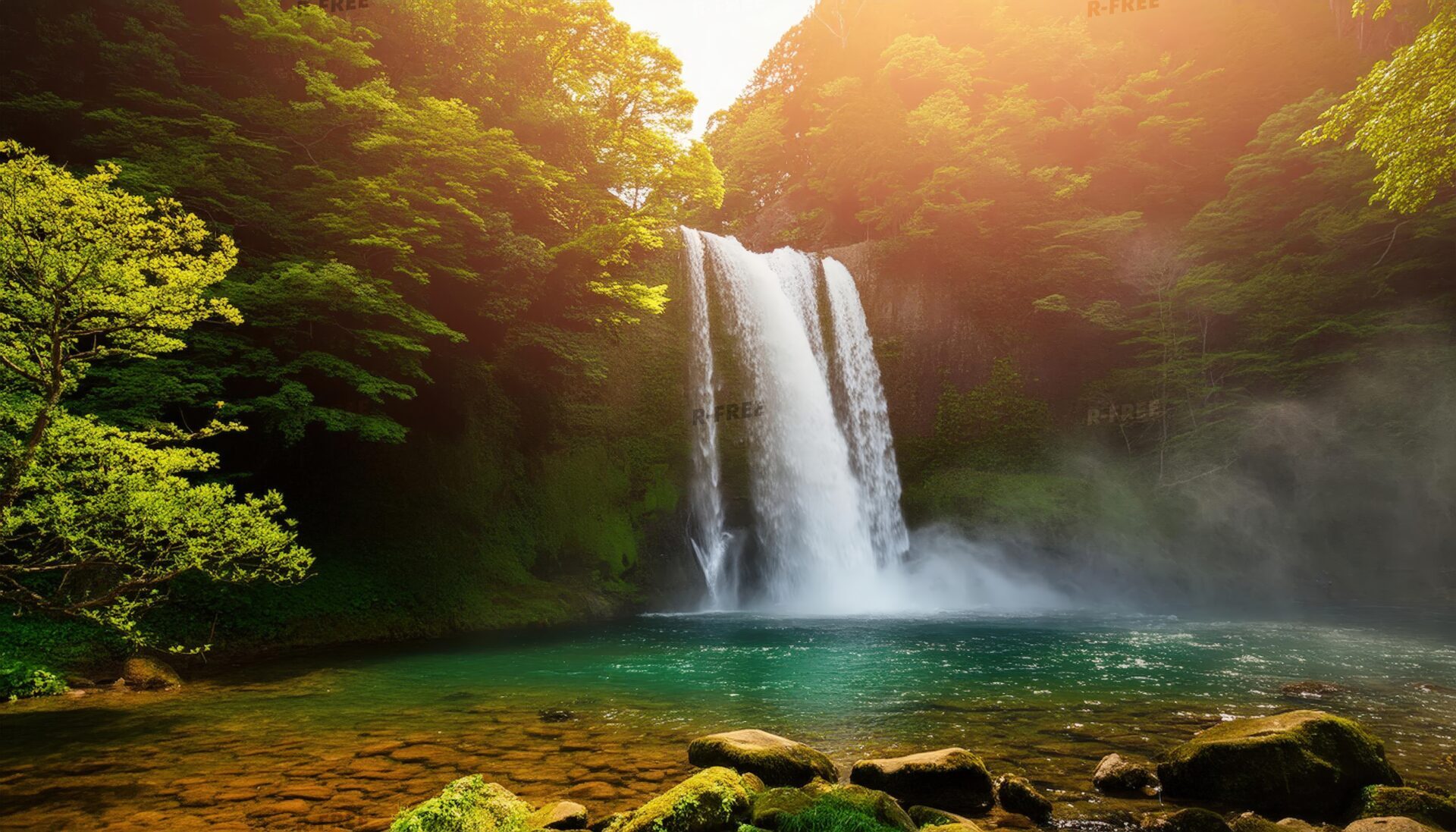 夕日差し込む滝壺