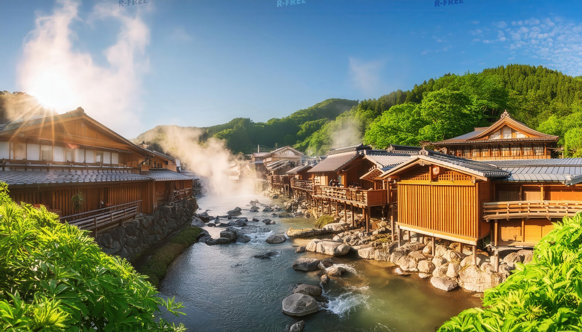 温泉街と川の風景