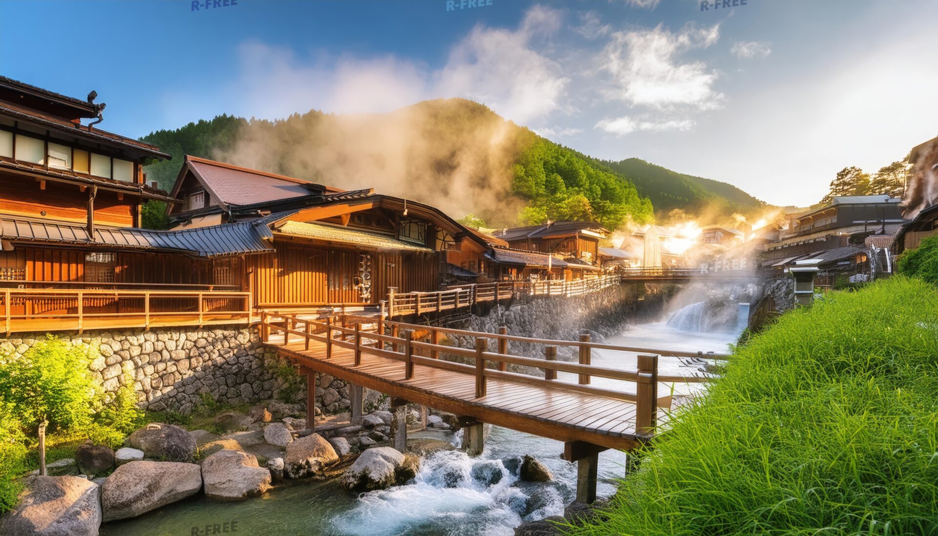 木橋のある温泉街の朝