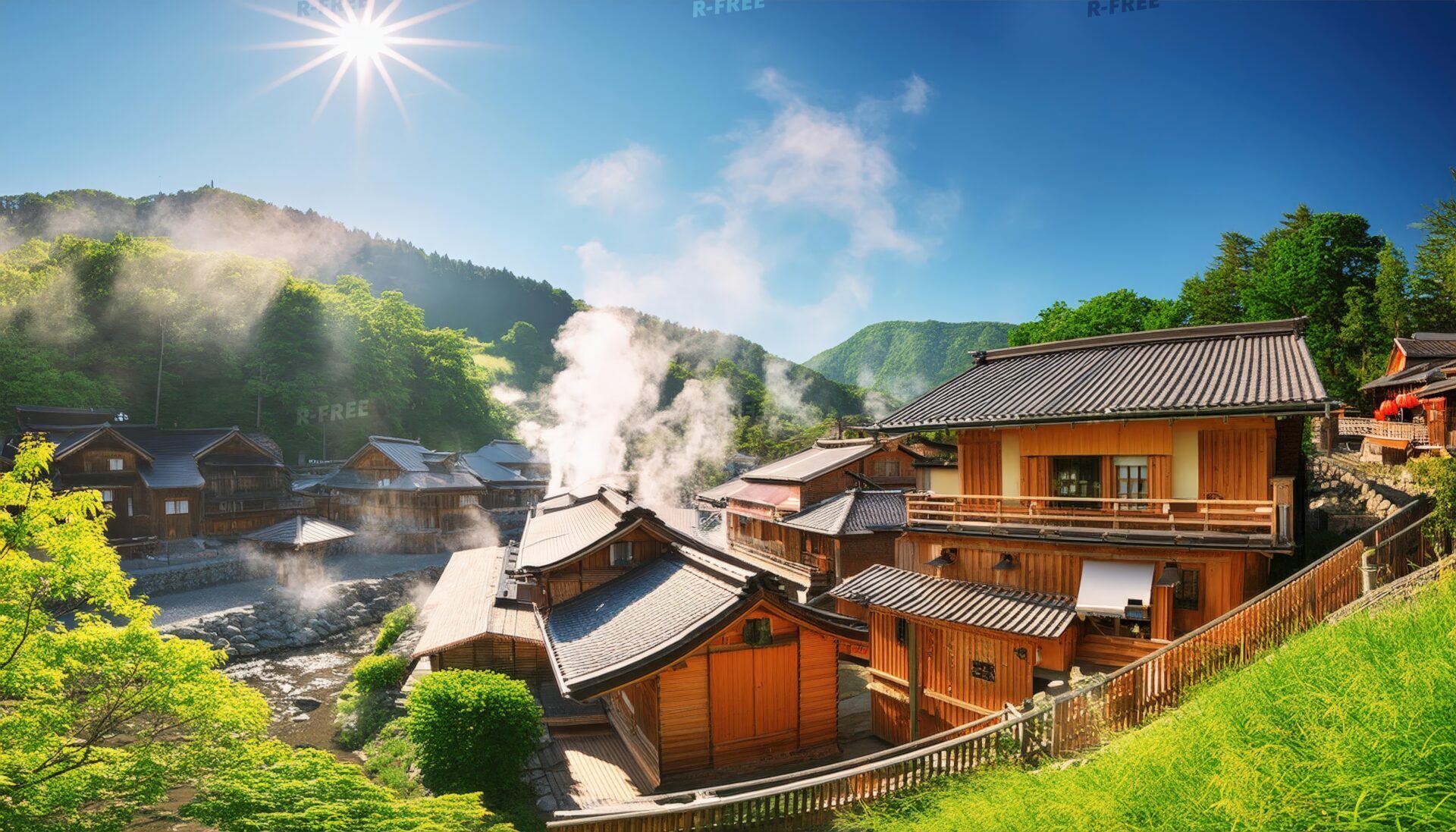 晴天の温泉街と山々
