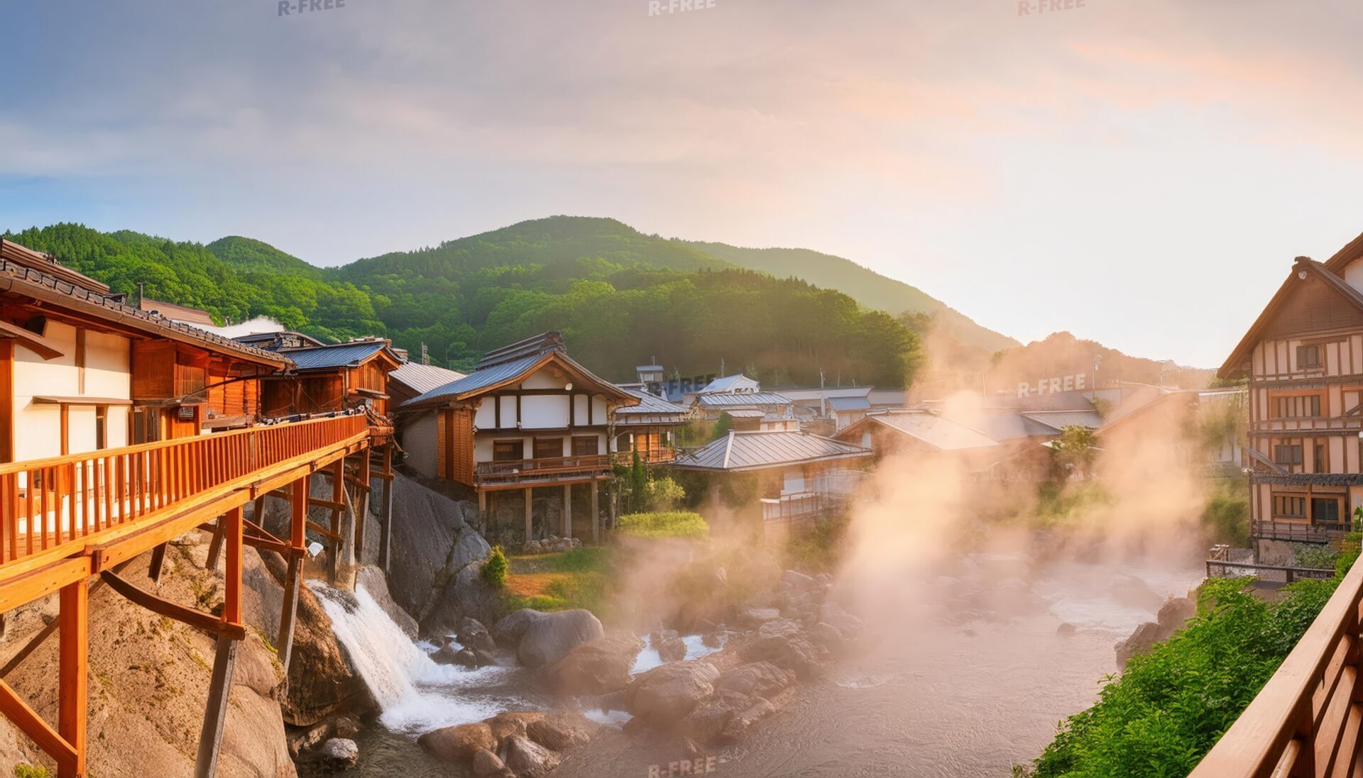 夕方の温泉街と川の流れ