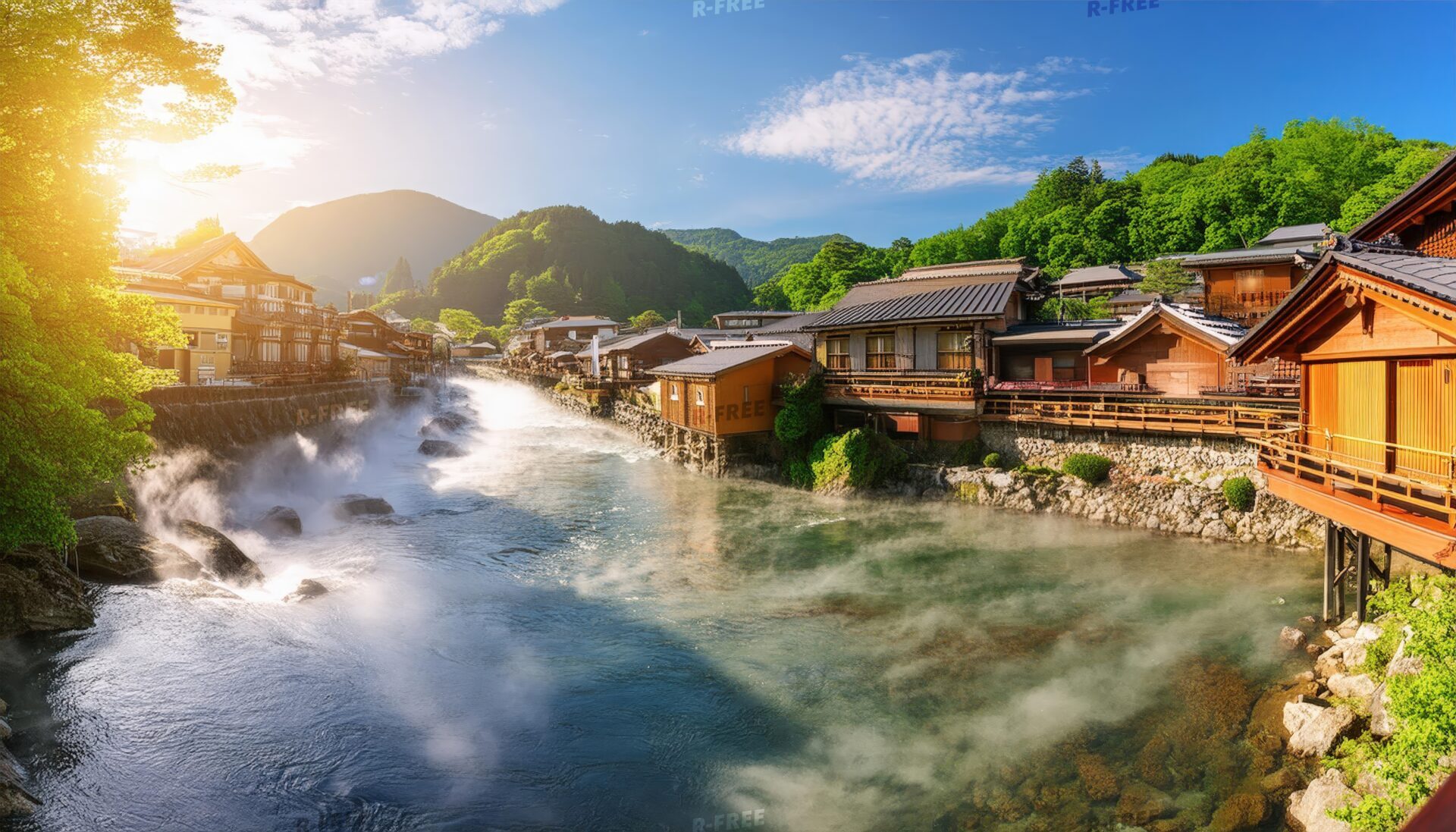 朝日の差し込む温泉街