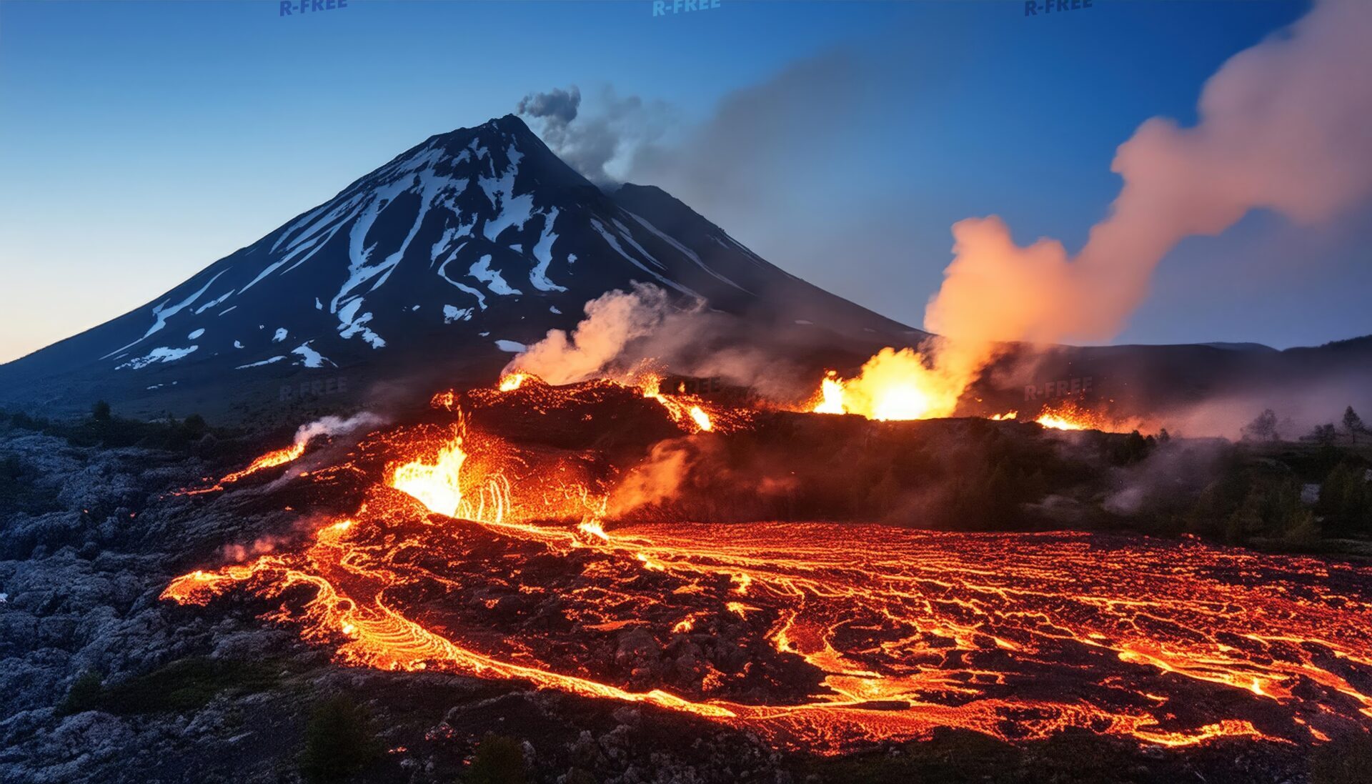 夕暮れの青空と雪山に広がる溶岩が流れる活火山の炎