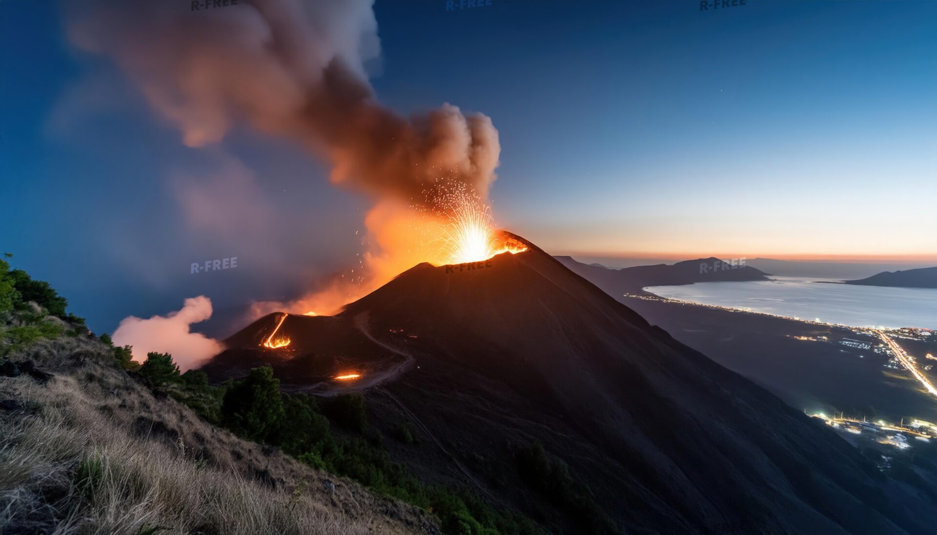 海岸線と噴火する火山