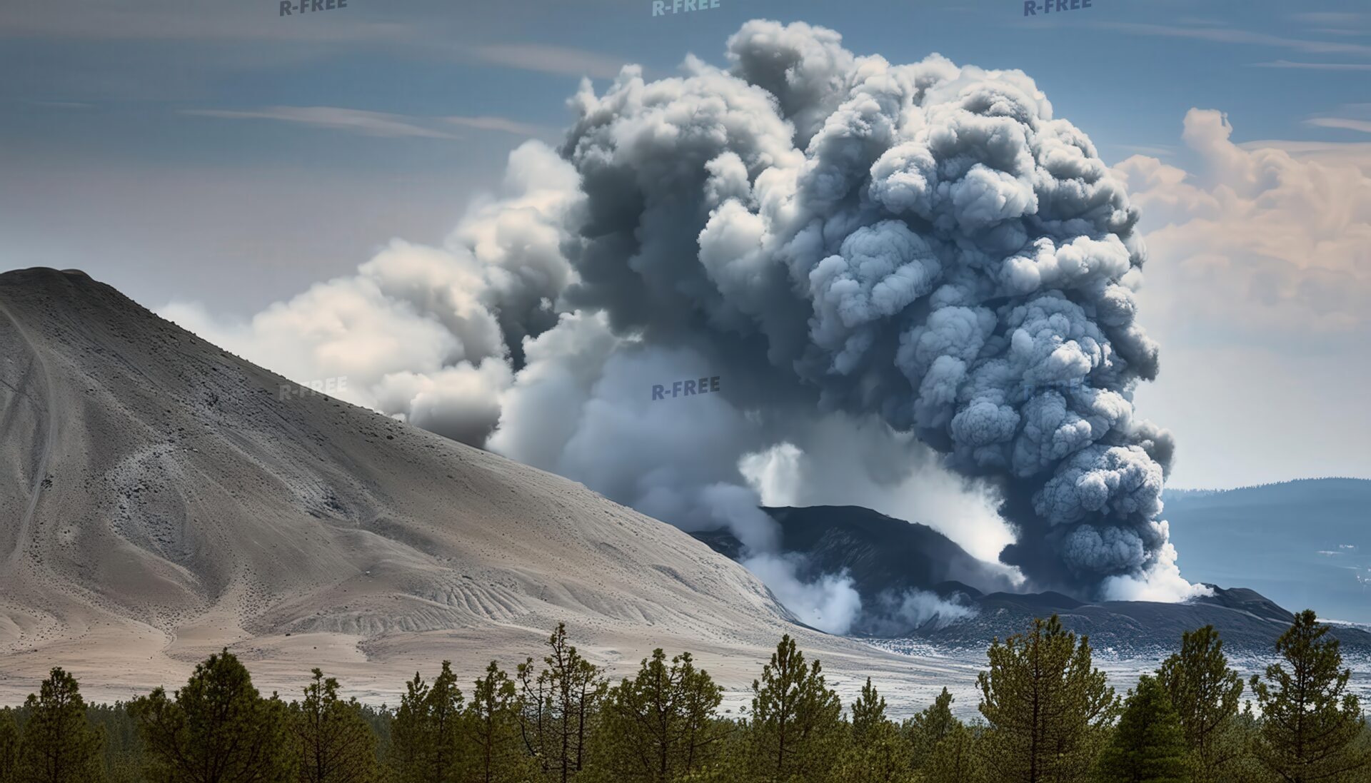 火山クレーターからの噴煙と荒野の風景
