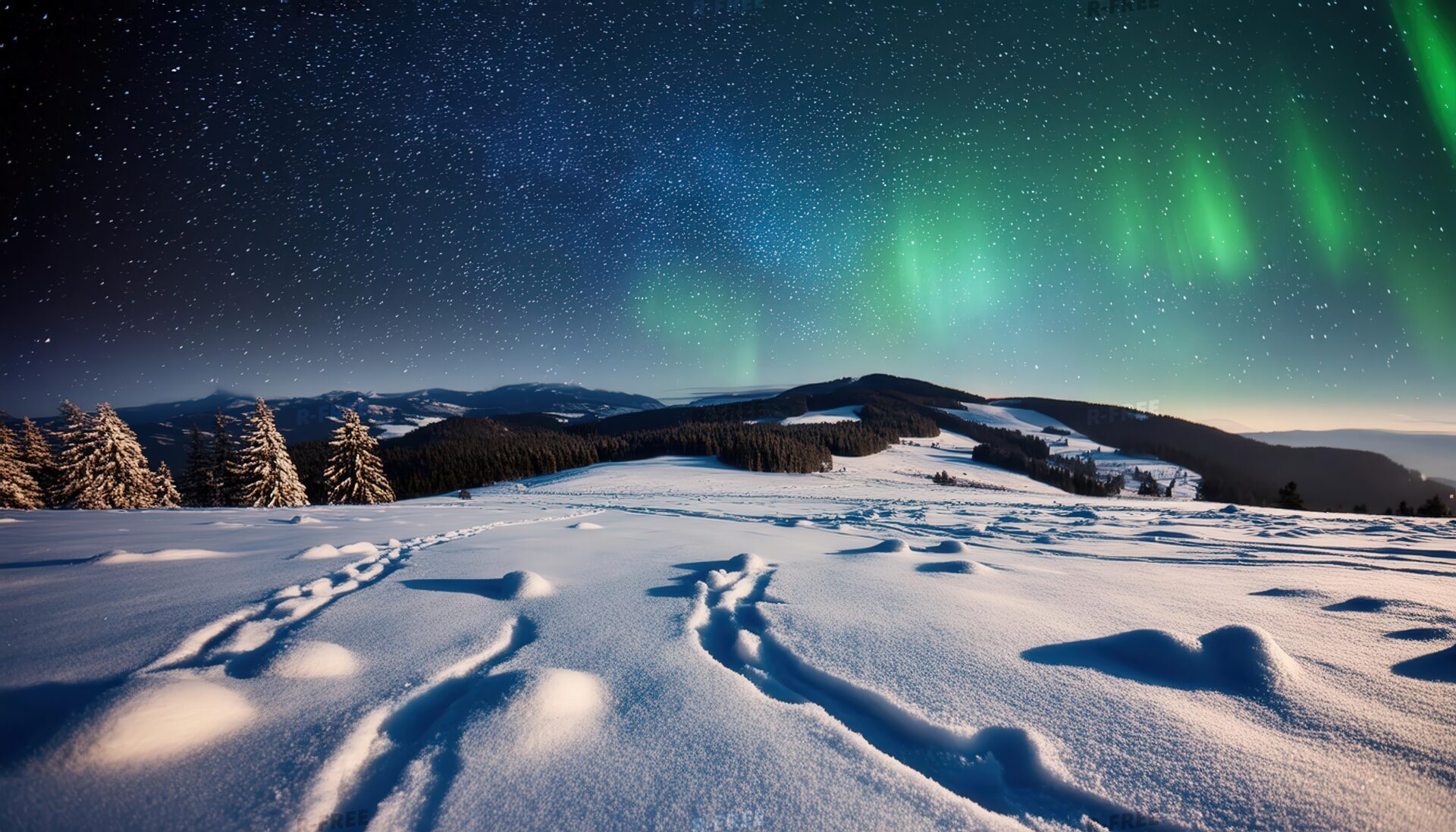 雪原に広がるオーロラと星空