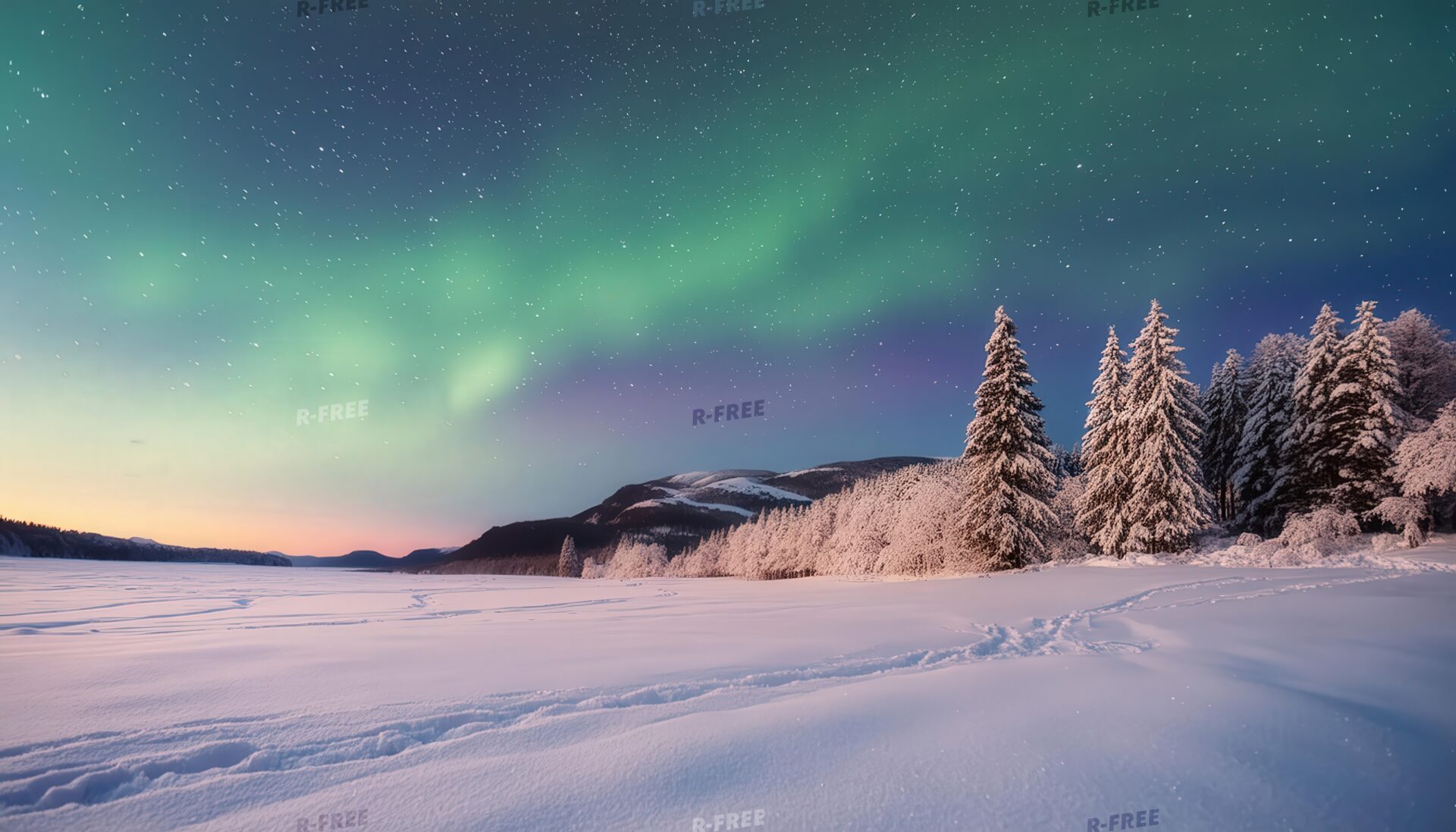 オーロラが輝く雪原の夜