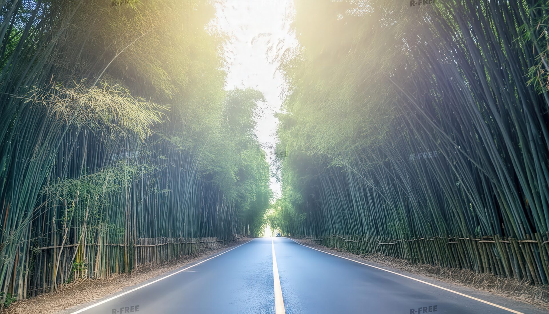 竹林に続くまっすぐな道路