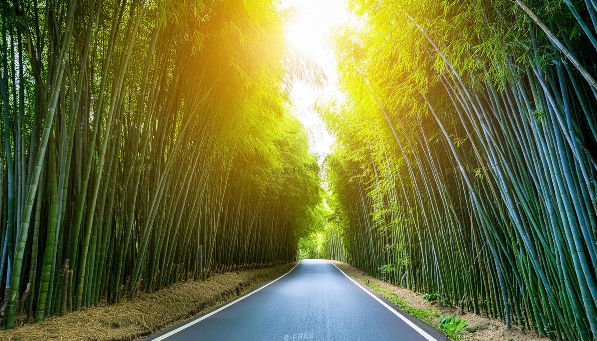 朝日に照らされる竹林のトンネル